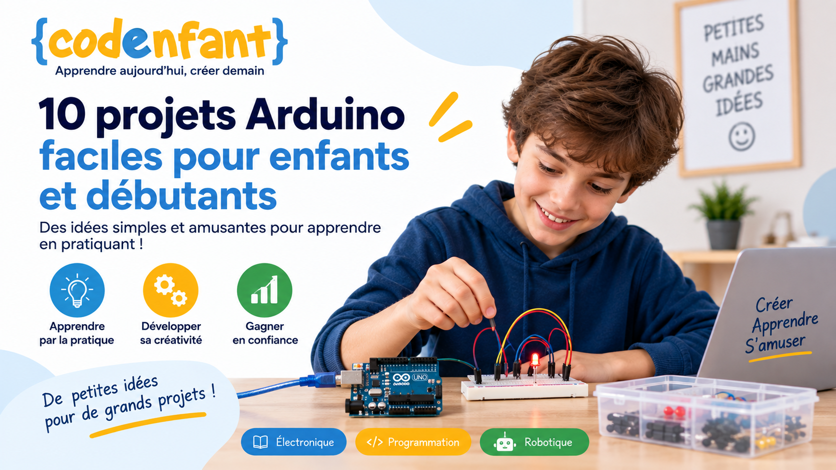 Enfant réalisant un projet Arduino facile avec une carte, une LED et des composants électroniques