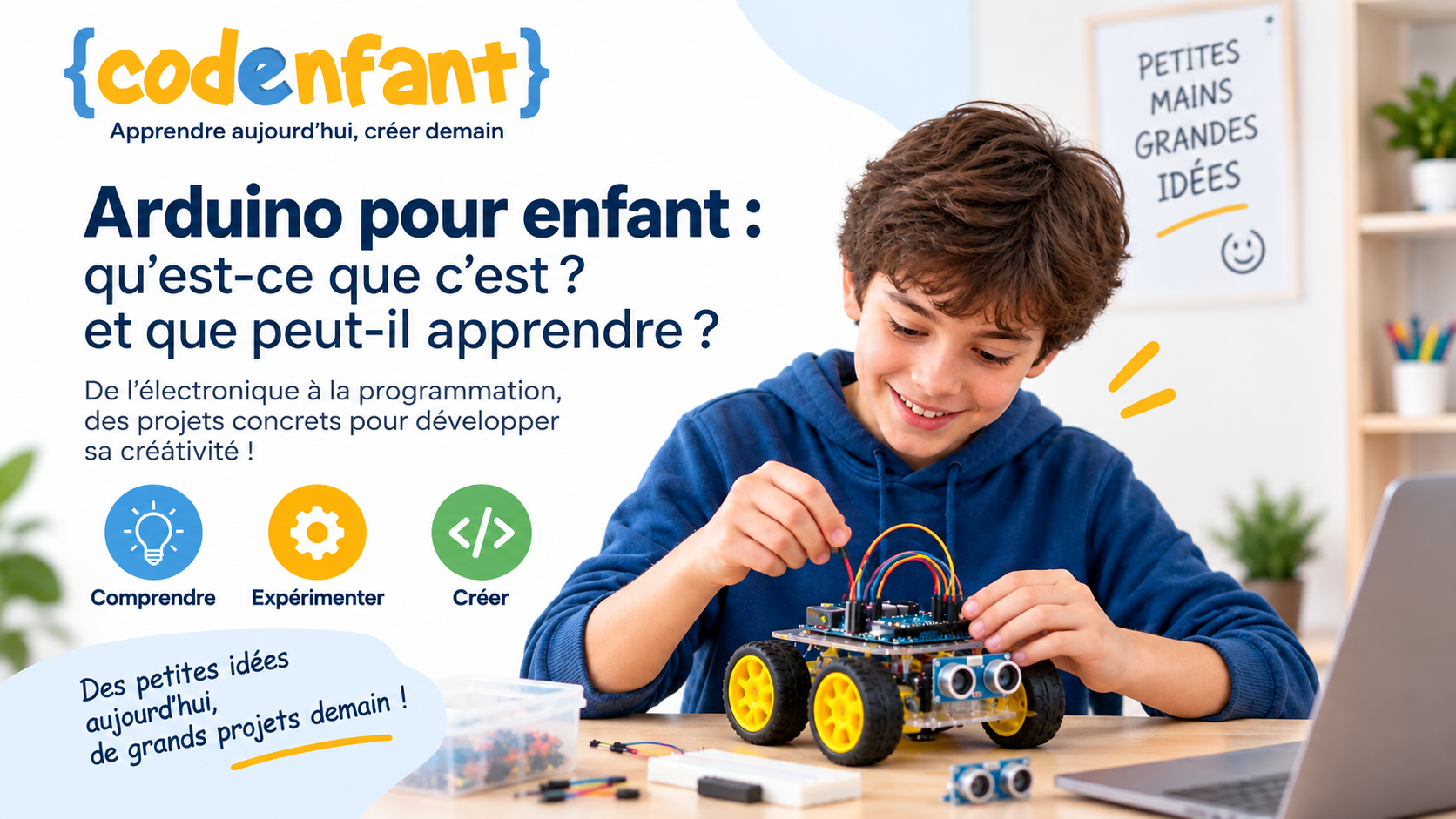 Enfant apprenant Arduino, la programmation et la robotique avec CodEnfant