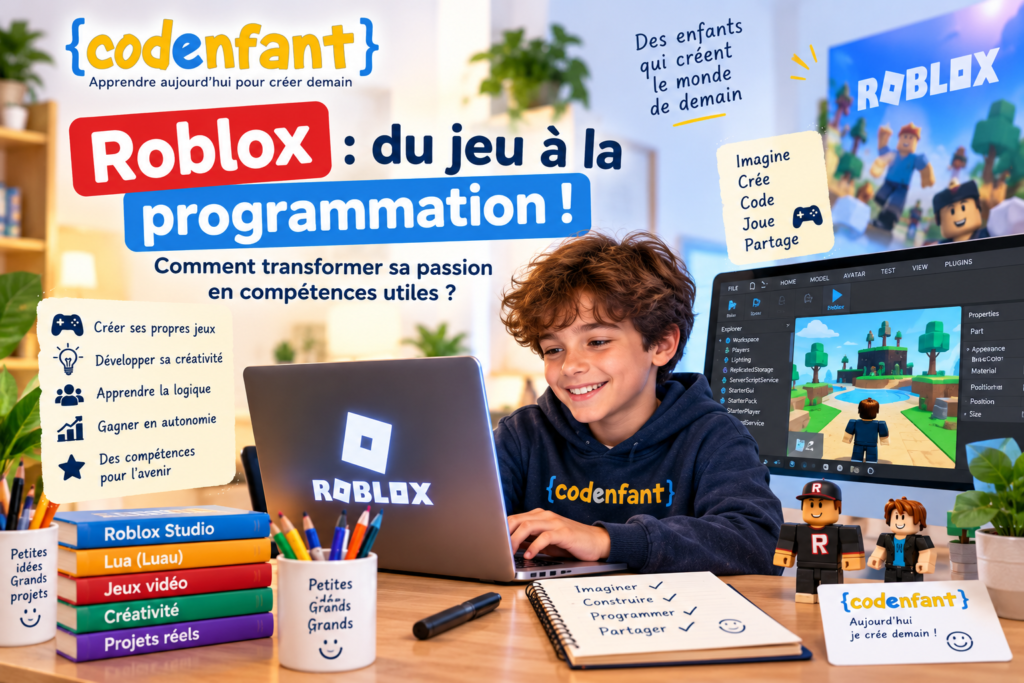 Enfant créant un jeu avec Roblox Studio pour apprendre la programmation