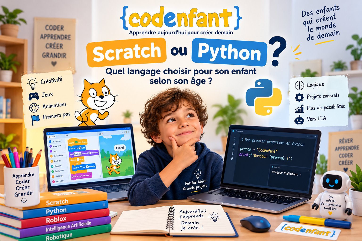 Enfant comparant Scratch et Python pour apprendre la programmation