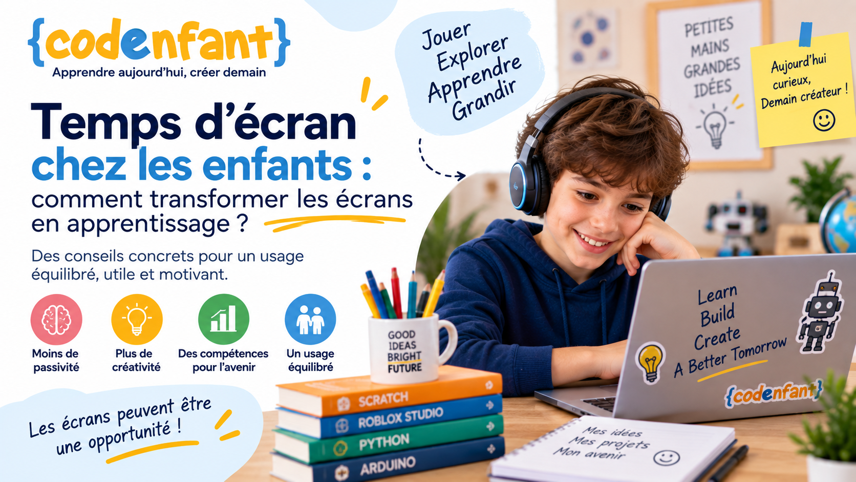 Enfant utilisant un ordinateur pour transformer son temps d’écran en apprentissage et création numérique
