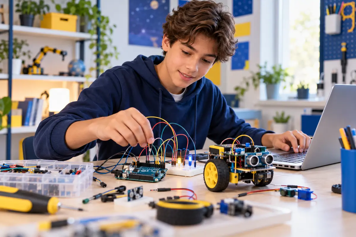 Adolescent construisant un projet Arduino et robotique avec CodEnfant