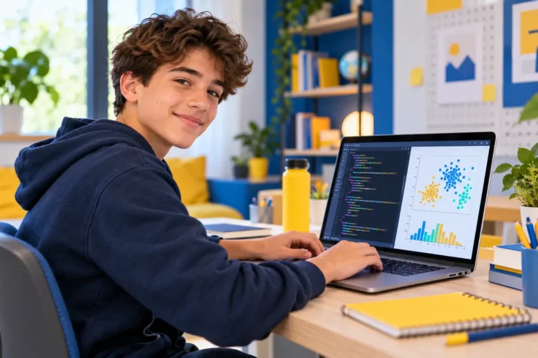 Adolescent réalisant un projet Python avec code et visualisation de données chez CodEnfant