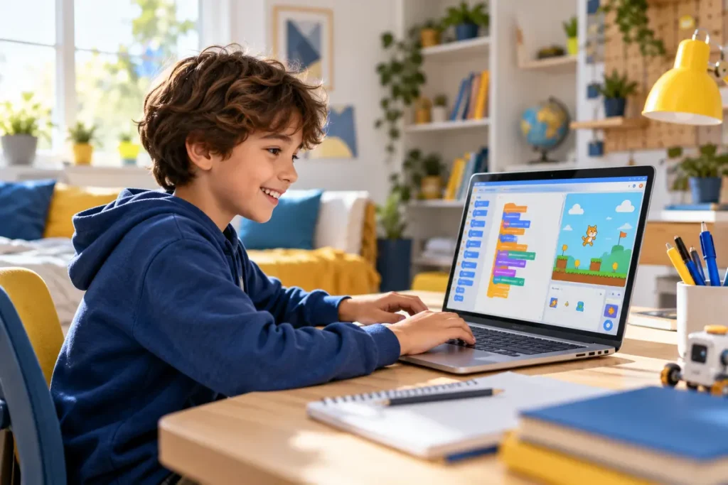 Enfant créant un jeu avec Scratch pendant un cours CodEnfant