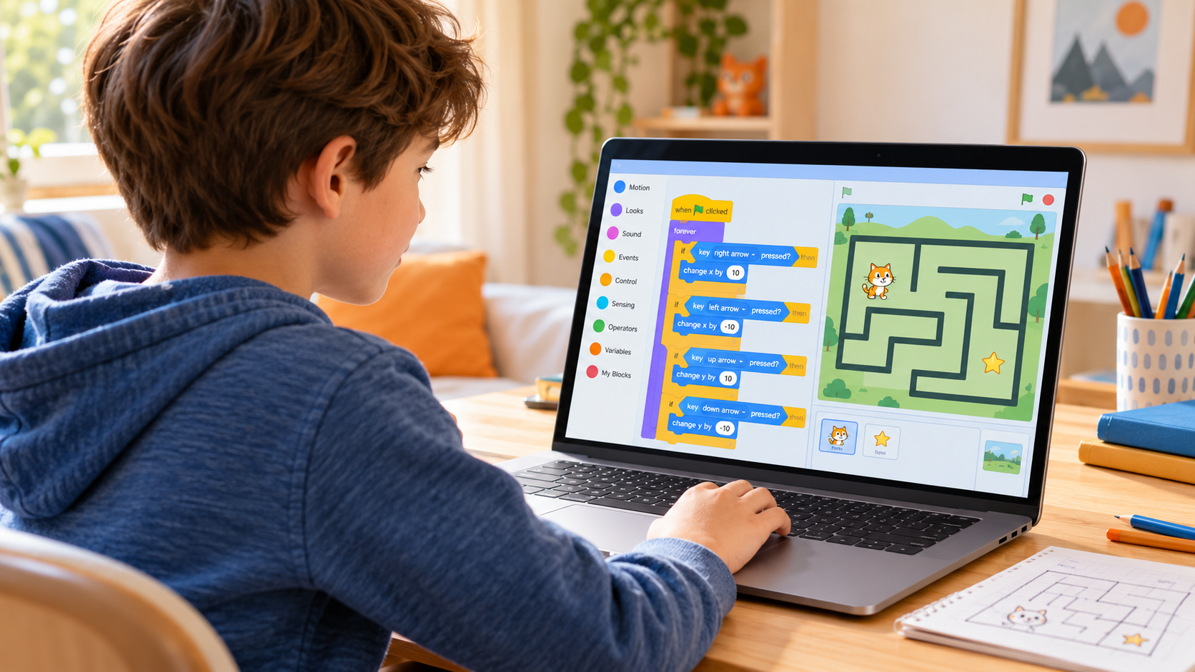 Child creating a cat maze game with visual programming blocks on a laptop.